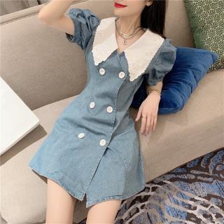 Đầm denim tay phồng ngắn cổ búp bê chiết eo xinh xắn