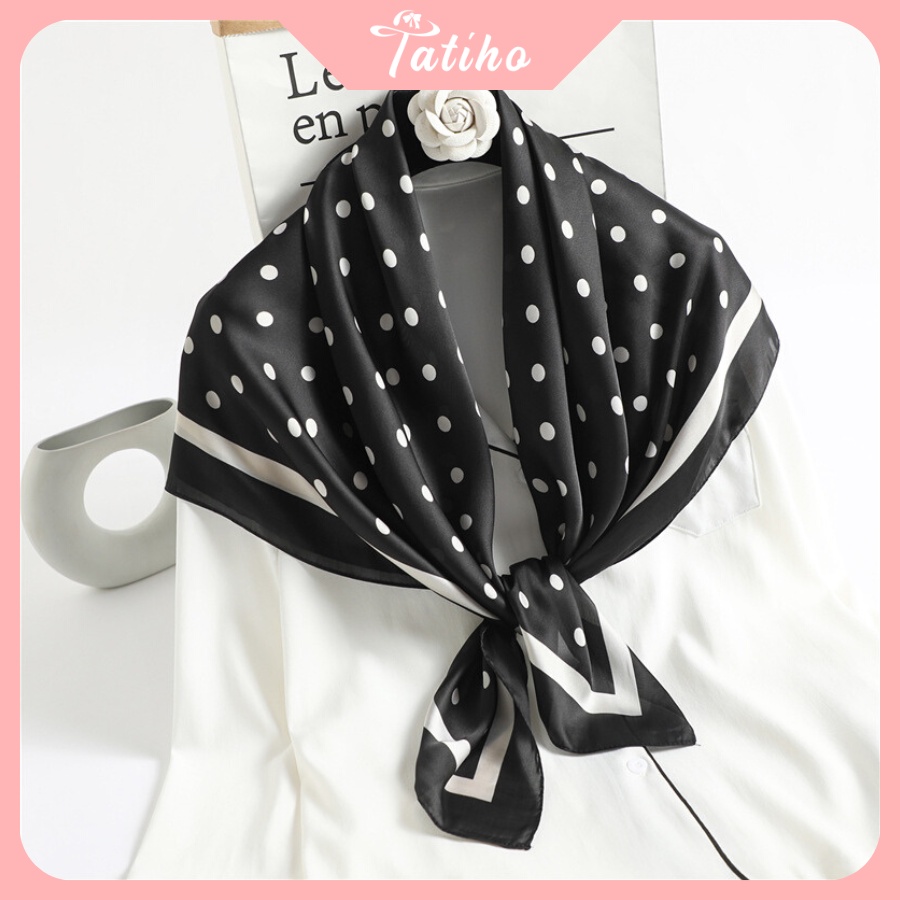 Khăn Lụa Vuông Turban Cao Cấp Họa Tiết Chấm Bi Làm Áo Quàng Cổ - Chất Liệu Silk - 90x90cm - Tatiho - Mã KL056