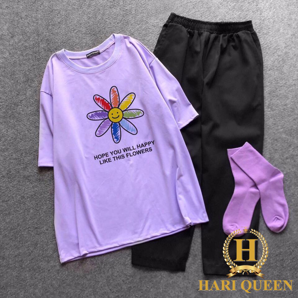 Sét áo hoa mặt cười Hope + quần kaki suông HARI0520