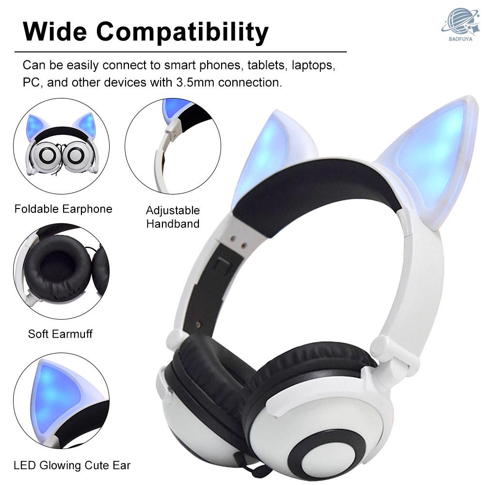 BF LX-X109 Foldable Fox Ear Headphones Flashing LED Lights for PC Laptop 3.5mm AUX Over-ear Headset Adjustable Headband Kids Earphone