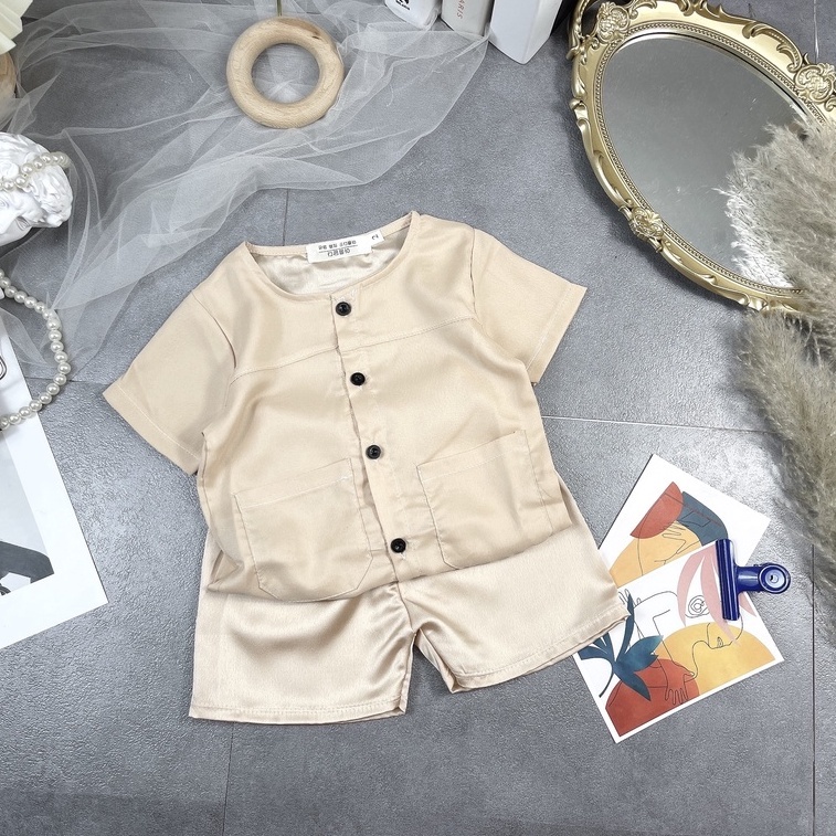 Bộ quần áo trẻ em vải đũi áo cộc tay kèm quần đùi bộ đũi cho bé trai bé gái 8-18kg Tunkid mặc hè thoáng mát