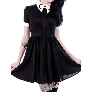 Bsjstore♡ Đầm Tay Ngắn Phối Nút Đen Phong Cách Gothic