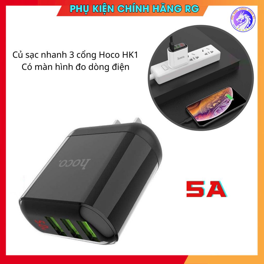 Cốc sạc Hoco HK1 chính hãng củ sạc 3 cổng có màn LCD hiển thị dòng điện cóc sạc nhanh bảo hành 1 năm