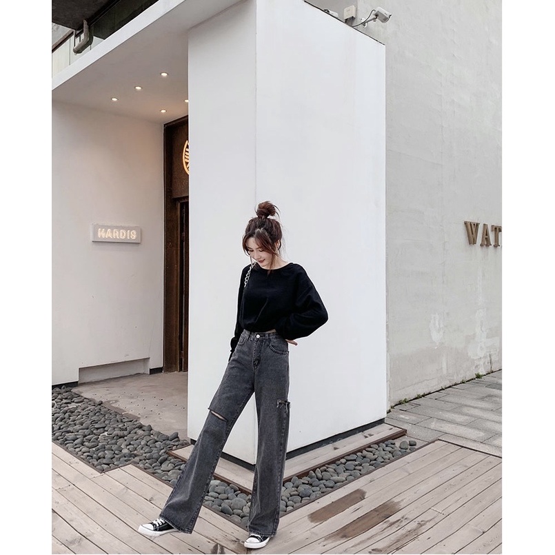 Quần jean bò ống rộng. quần jeans suông nữ cạp cao phong cách Hàn Quốc sành điệu style