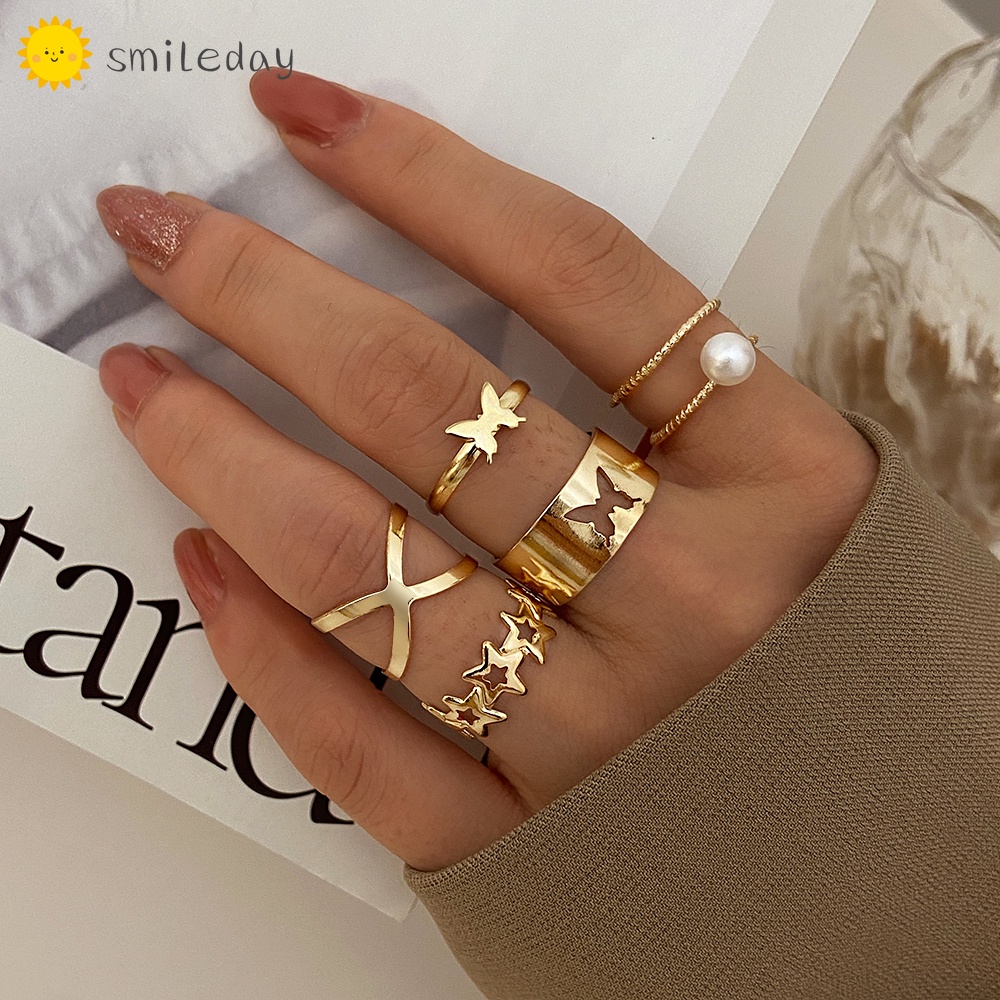 Set 5 nhẫn mạ vàng hình bướm đính ngọc trai thời trang