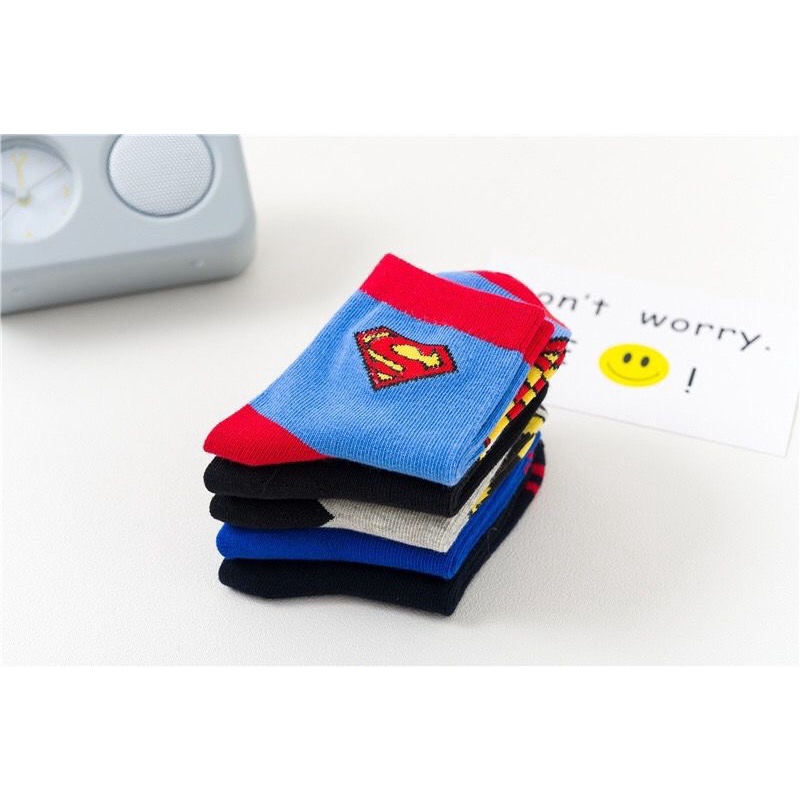 Sét 5 đôi tất cho bé trai hoạ tiết siêu nhân, người nhện, batman, caption Xu Xu Kids size từ 1 đến 5 tuổi