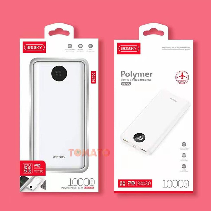 Sạc dự phòng iBesky PS702 10000mAh Sạc Nhanh QC 3.0 18W - Bảo Hành 12T - Phụ Kiện Tomato