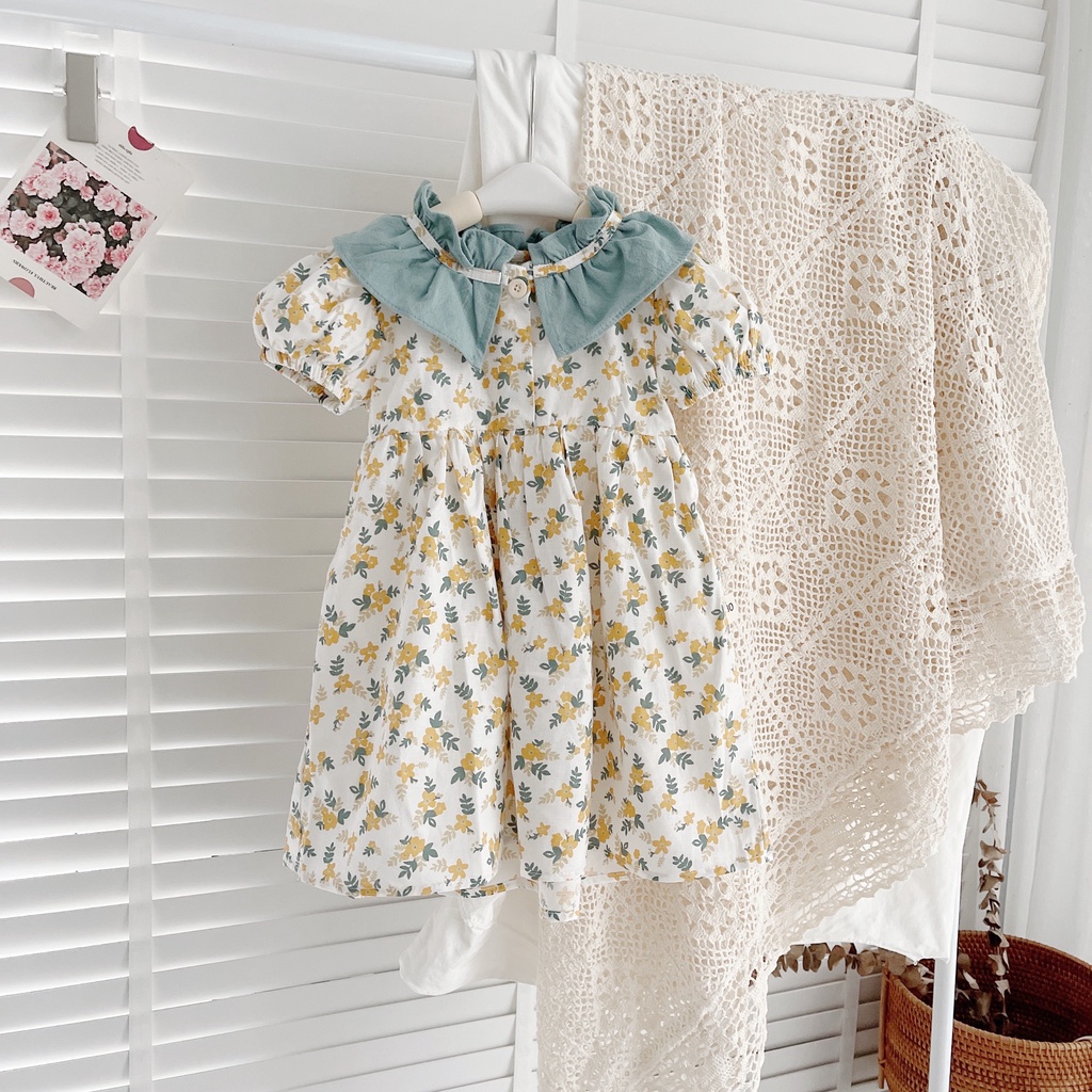 Váy hè cộc tay hoa nhí cổ bèo xanh 8-21kg (1-6 tuổi)