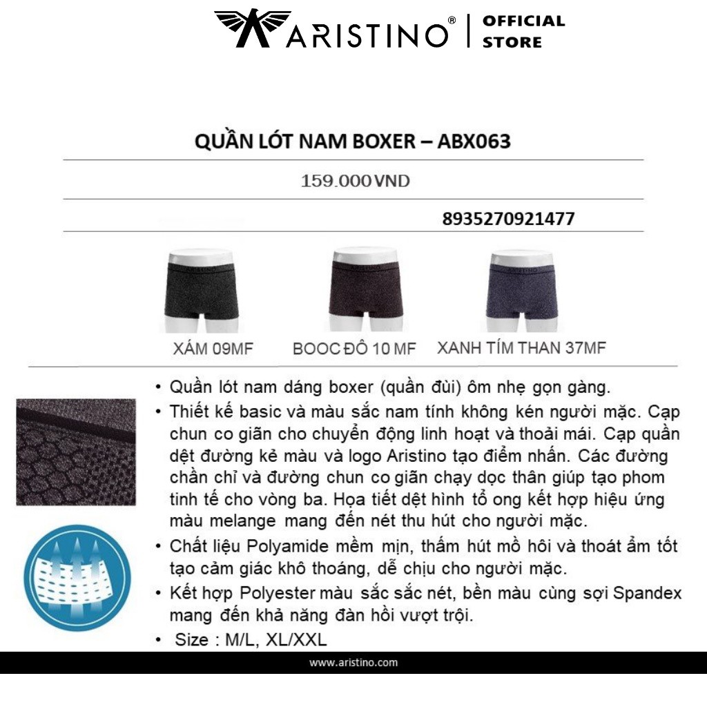 Quần Lót Nam Boxer Sịp Nam ARISTINO ABX063 Quần Xì Đùi Chất Liệu Polyamide Mềm Mại Thoáng Mát Dễ Chịu Co Giãn Thoải Mái