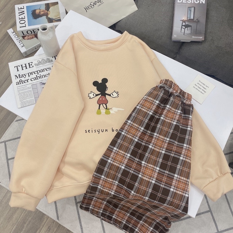 Set Áo Nỉ Gấu Mix Chân Váy Kẻ 2 Màu Dễ Thương Có Ảnh Thật Kèm Video
