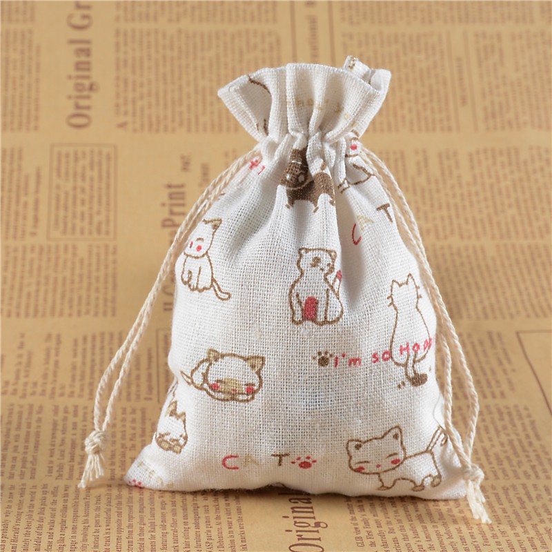 Túi vải bố linen mềm size nhỏ 10x14cm họa tiết mèo con dễ thương đựng phụ kiện trang sức - namimi