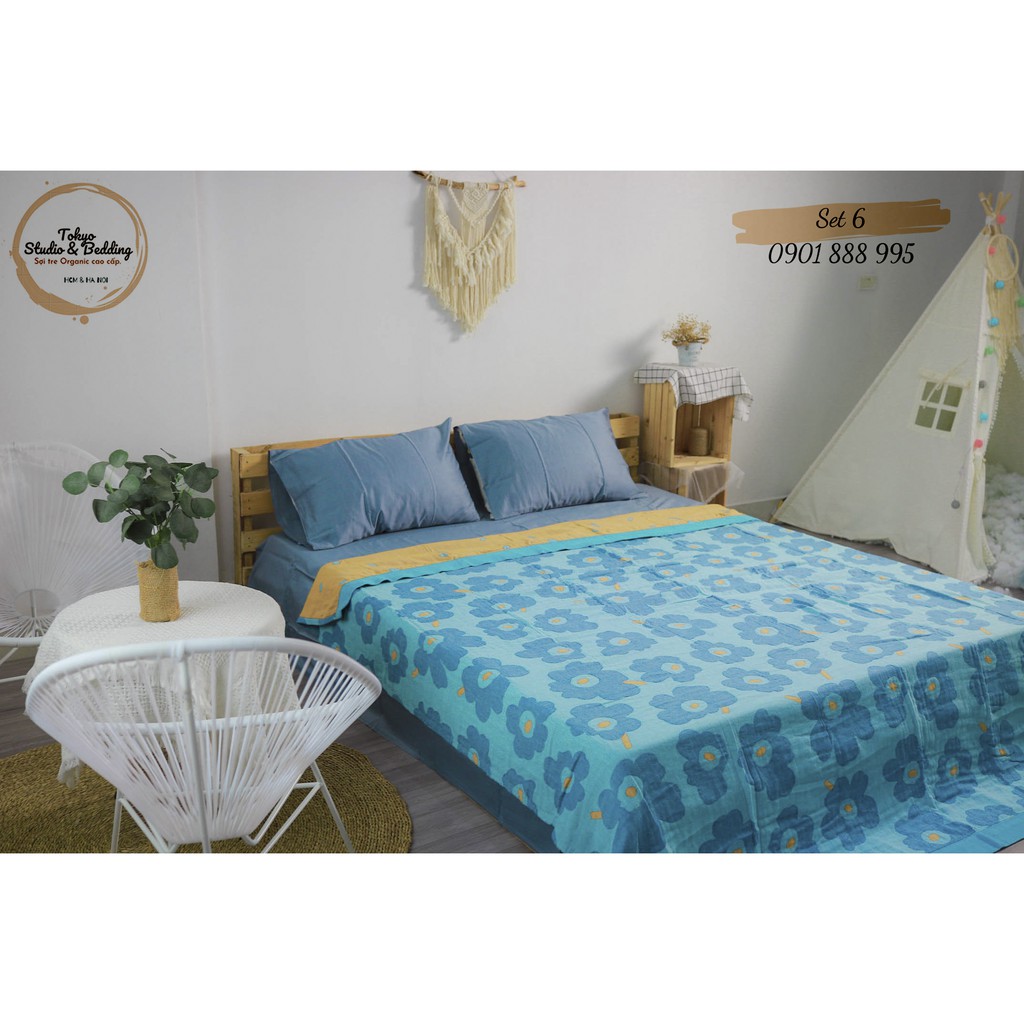 Set 06 _ Chăn Xô Cotton Sợi tre Organic dòng Basic &amp; Ga gối Lụa