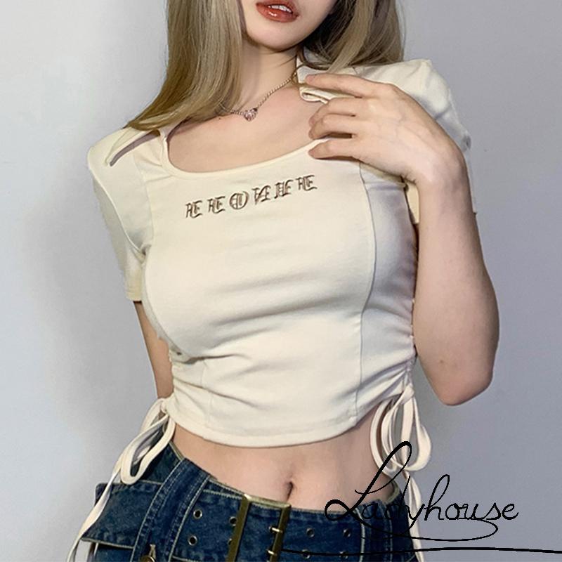 Áo Thun Croptop Ngắn Tay Thêu Chữ Phối Dây Rút Thời Trang Mùa Hè Cho Nữ
