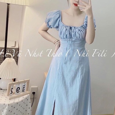 Váy đầm nữ cộc tay dáng maxi đũi xước xanh dương xẻ tà chun lưng đi biển Wikishop freesize dáng A nhún ngực cut out C929