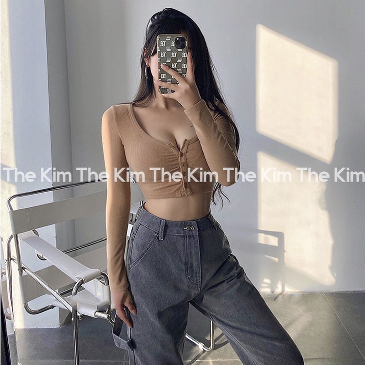 Áo thun tăm tay dài croptop nhún ly cúc ngực , áo dài tay cho nữ cổ tròn dáng ngắn ôm body The Kim AD125