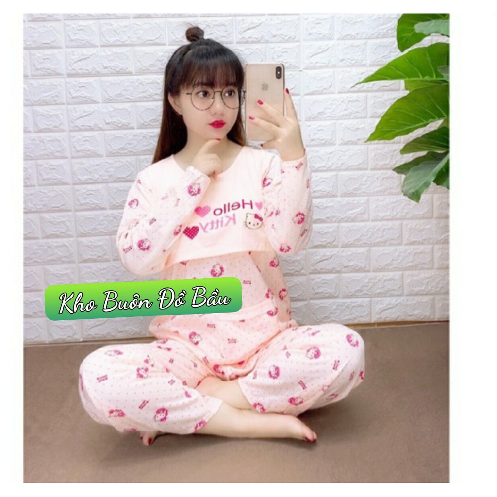 Đồ bộ bầu và sau sinh họa tiết HELLO KITTY vén ngực mặc nhà và cho bé bú BD922