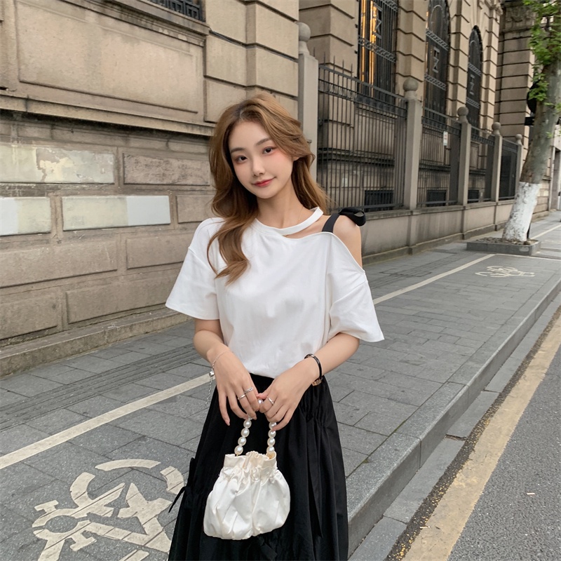 Áo Thun Tay Ngắn Hở Vai Thắt Nơ Phong Cách Hàn Quốc Dành Cho Nữ