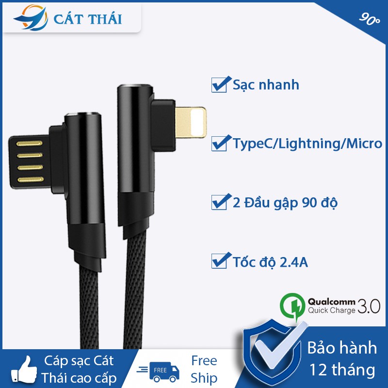 Cáp sạc 2 đầu gập hình chữ L 90 độ sạc nhanh + truyền dữ liệu chịu lực tốt bền bỉ chống thắt