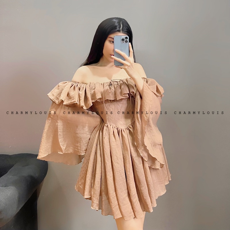 Đầm Voan Rớt Vai Tay Quạt Nâu QCCC