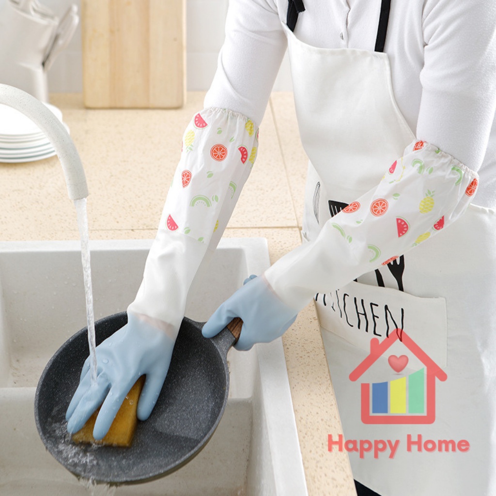 Găng tay cao su siêu dai, siêu bền loại dài, có chun chống tụt, găng dài ngăn nước lọt vào tay Happy Home