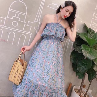 Đầm voan hoa 2 lớp nhúng bèo 1 tầng ở ngực