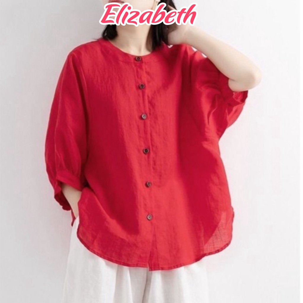 Áo sơ mi nữ cổ tròn tay lỡ form rộng bigsize Elizabeth chất liệu đũi tơ mềm nhẹ mát SMH.34