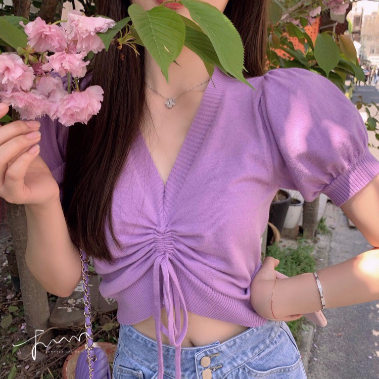 Áo Ulzzang len tăm dệt kim dây rút ngực ngắn tay Hàn Quốc C35 - Maoshop | BigBuy360 - bigbuy360.vn