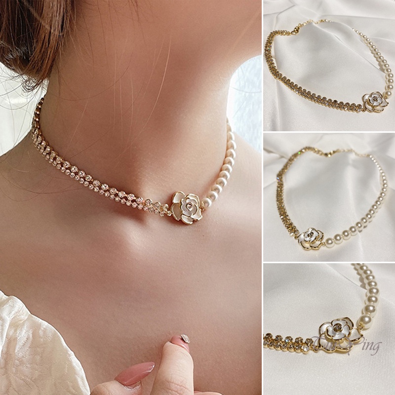 GETNOIVAS Vòng cổ Hợp Kim Mặt Hình Hoa Đính Ngọc Trai Thời Trang Cho Nữ