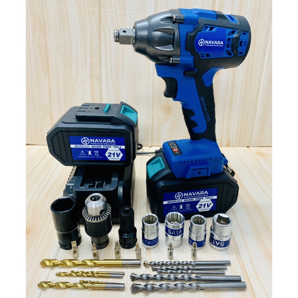 Máy siết bulong dùng pin không chổi than NAVARA 380NM - Tặng kèm bộ phụ kiện 23 chi tiết cao cấp -  Pin khủng 15 Cell