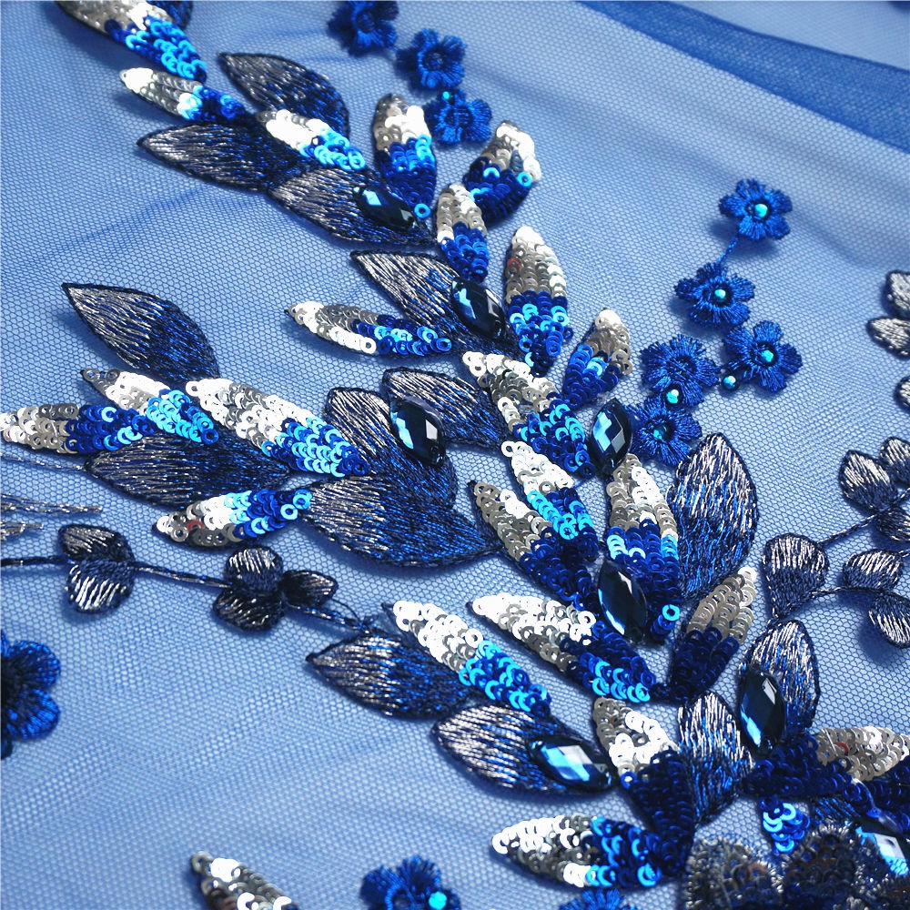 Miếng Vải Ren Thêu Hoa Đính Kim Sa Màu Xanh Dương Lớn Dùng May Vá Quần Áo / Trang Trí Váy Cưới