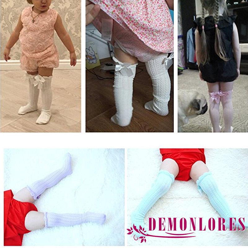 Vớ lưới cá dài qua gối bằng vải cotton thoáng khí phối nơ bướm màu trơn thời trang mùa hè 2020 dành cho bé gái