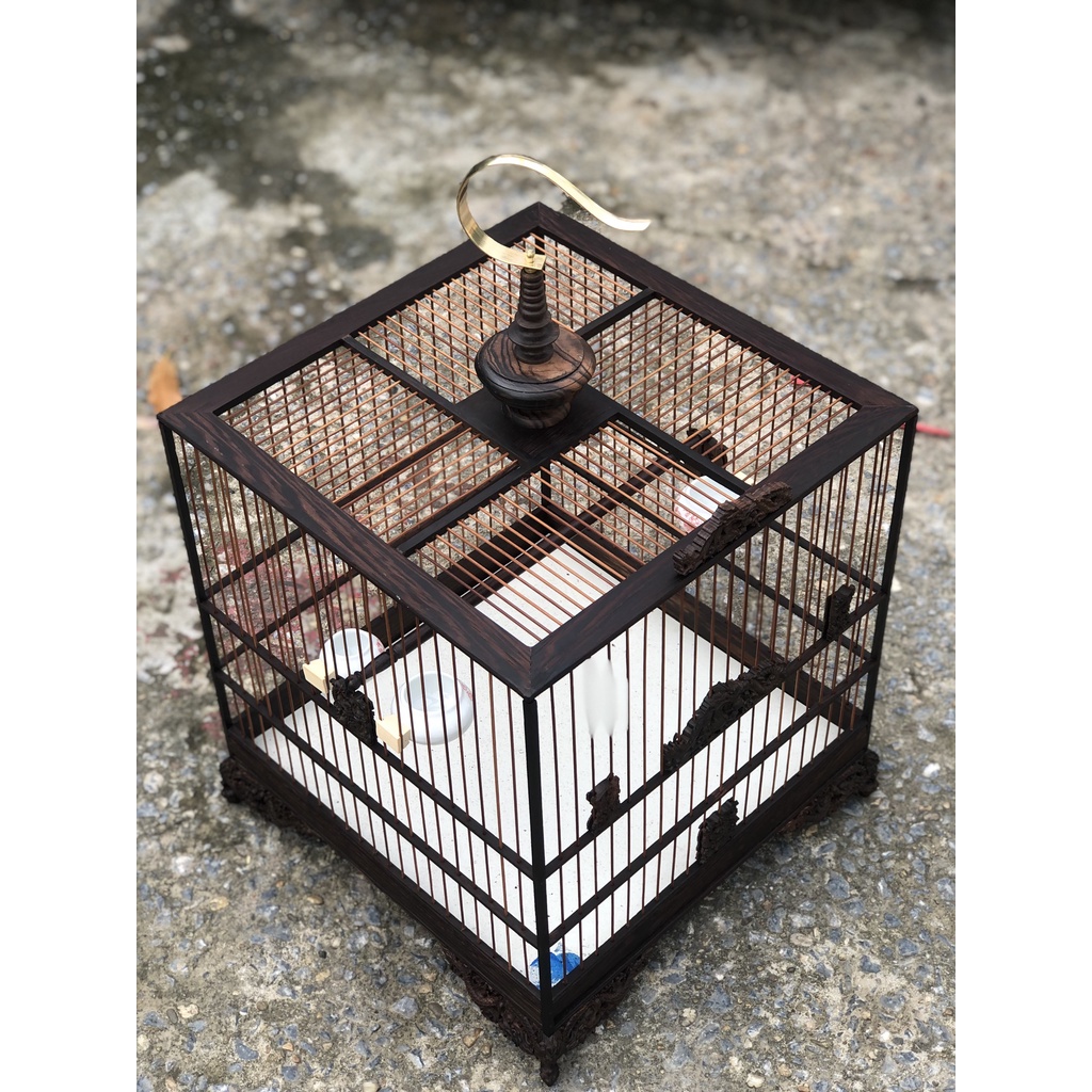 Lồng chim chào mào gỗ mun đuôi công vuông đấu trụ Vuông đục Rồng kèm đủ phụ kiện LC04 Lồng chim Kabosa