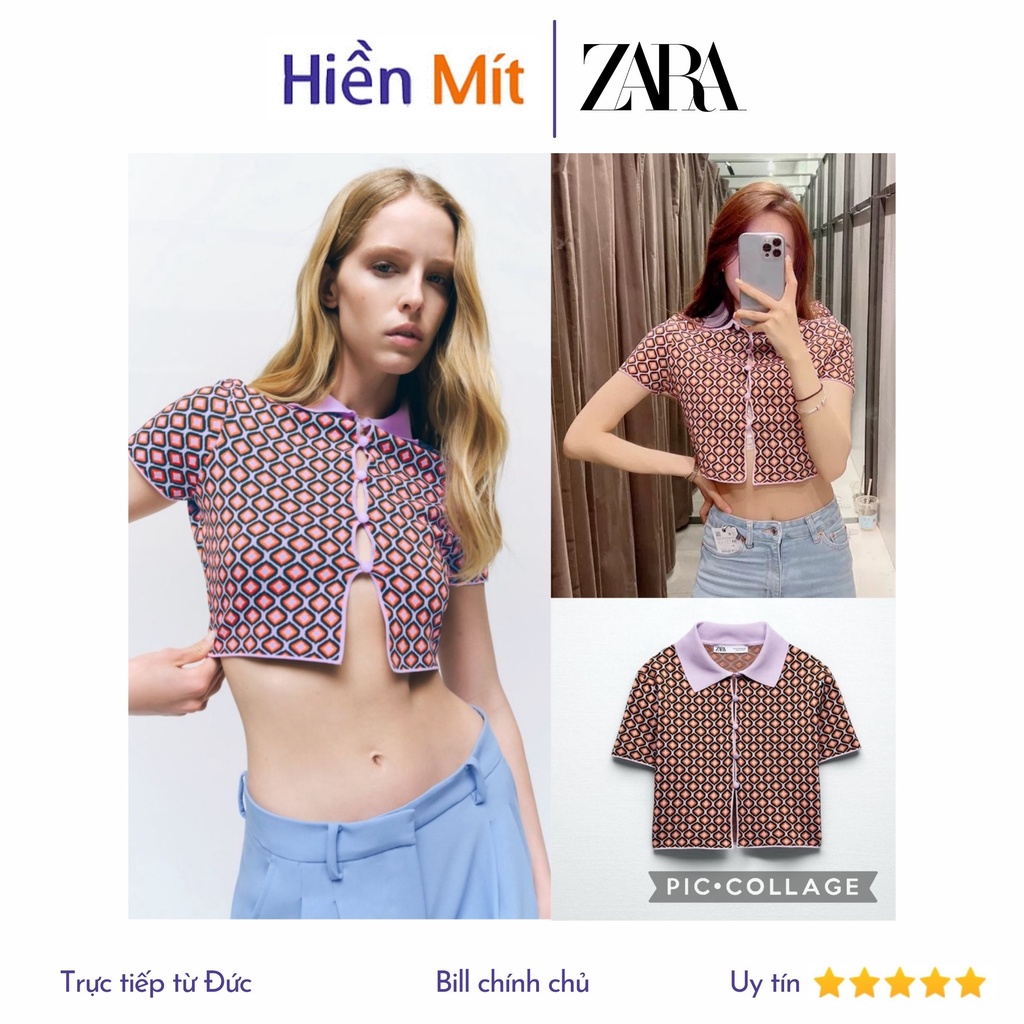Zara Đức - Áo Croptop ngắn tay họa tiết hình thoi nút tàu màu nâu auth new tag cao cấp chính hãng có sẵn sale 5802/019
