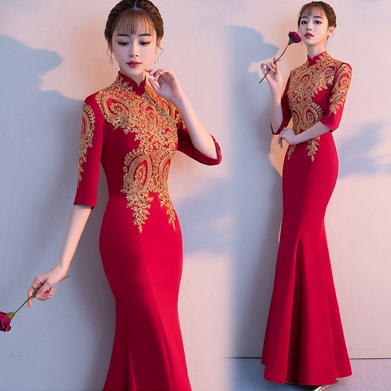 Đầm sườn xám đuôi cá dáng dài phong cách Trung Hoa