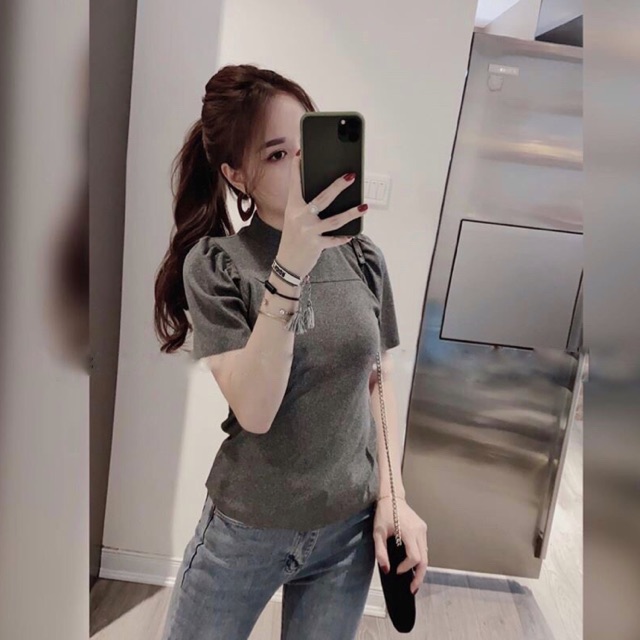 Áo len cộc tay cổ 3p, chất len mỏng co dãn