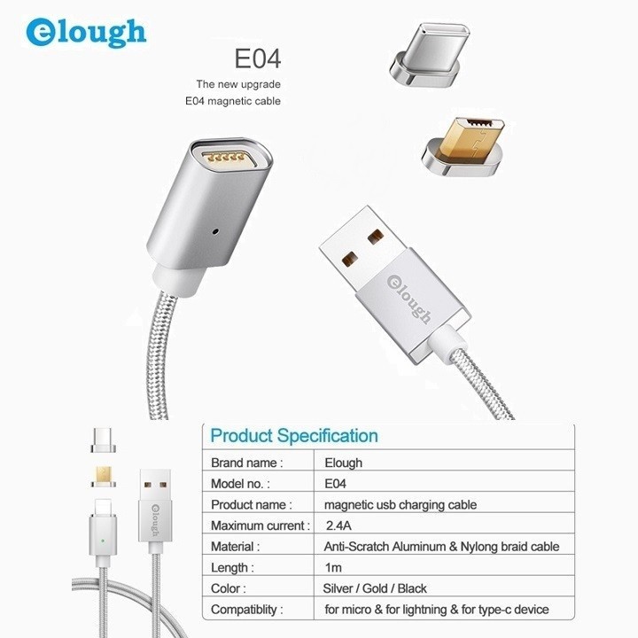 Cáp Sạc Hít Nam Châm 2.4A Elough E04 2in1 MicroUSB Và Type C Chính Hãng