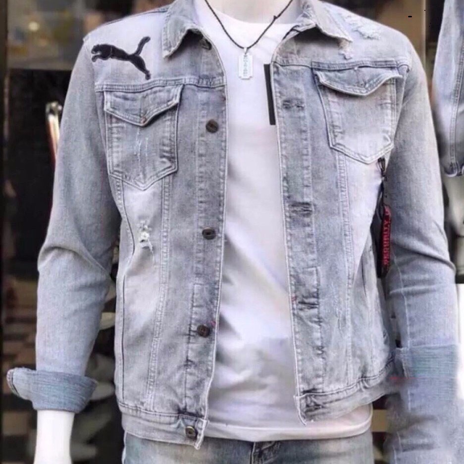 [SIÊU SALE] Áo khoác jean nam thêu chữ thêu hình cao cấp, màu xanh bạc phối cúc kim loại chống han, túi trong tiện dụng