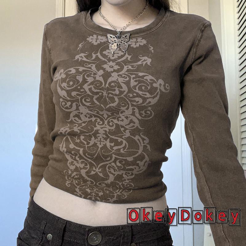 Áo thun tay dài cổ tròn hở rốn in họa tiết cổ điển thời trang mùa thu cho nữ