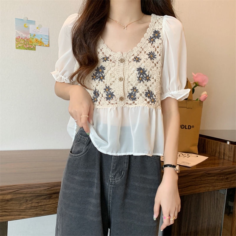 Áo Sơ Mi Voan Cổ Chữ V Thêu Họa Tiết Đơn Giản Thời Trang retro Hàn Quốc