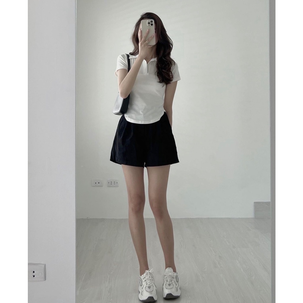 Bộ đồ nữ len tăm Body quần giả váy kaki xếp ly co giãn Áo Polo nữ len tăm quần giả váy xếp li