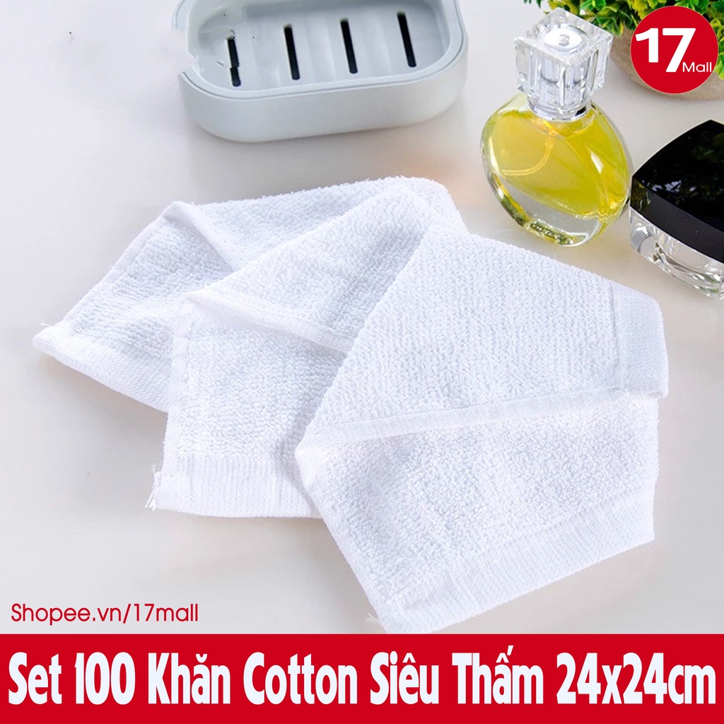 Set 100 khăn lau siêu thấm, khăn cotton dùng trong bệnh viện, lau tay, lau xe, nhà bếp, quán ăn size 24x24cm trắng