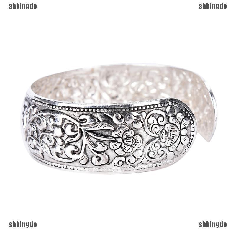 Vòng Tay Mạ Bạc Khắc Họa Tiết Hoa May Mắn Phong Cách Tây Tạng