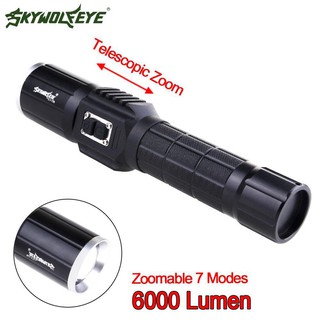 Đèn pin Skywolfeye CREE T6 7 có thể phóng to chất liệu nhôm độ sáng 6000Lm kích thước 180 * 35 * 30mm và phụ kiện