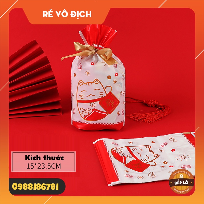 Túi Zip Tết - Túi Kẹo Nougat Tết - Túi Bánh Quy Tết -Túi Dây Rút Mèo May Mắn - Túi Đựng Bánh Kẹo