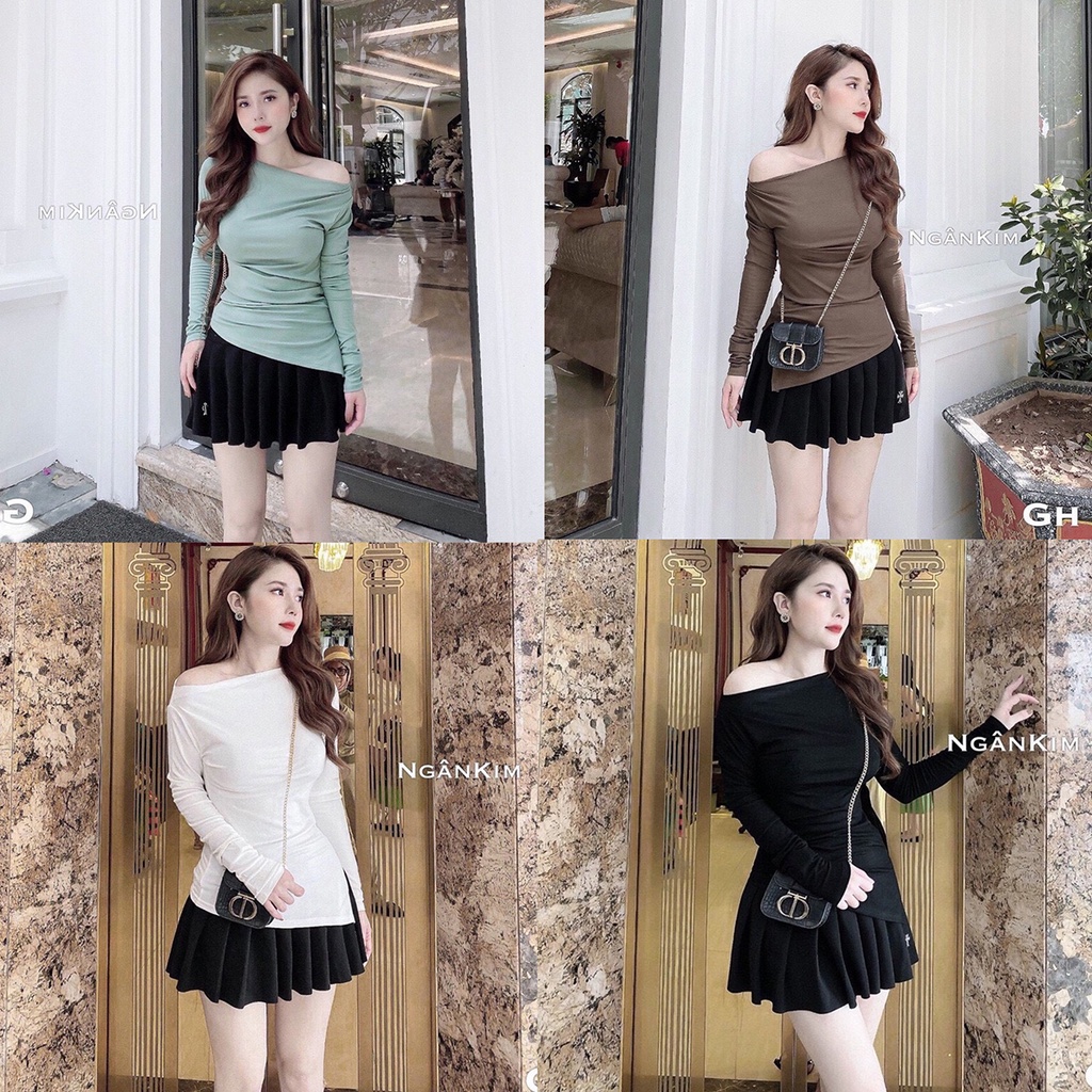 Áo Thun Trễ Vai Tay Dài Tà Chéo Dáng Ôm Body Ulzzang