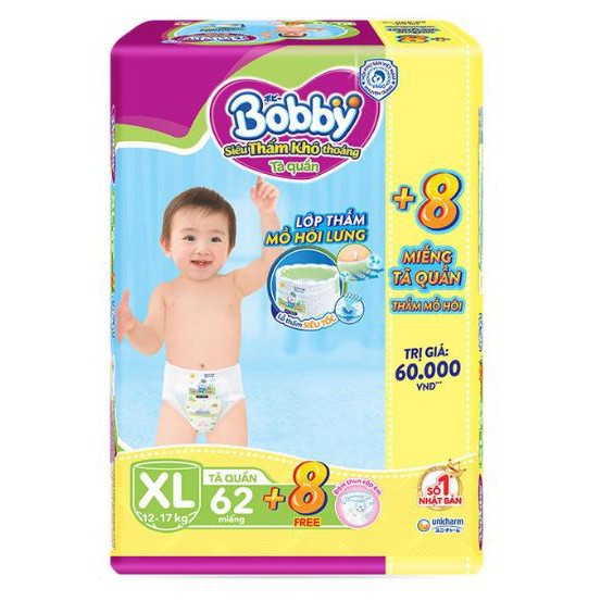 Tã Quần Bobby Size XL 62 Miếng(Khuyến Mãi Tặng Thêm 8 Miếng)