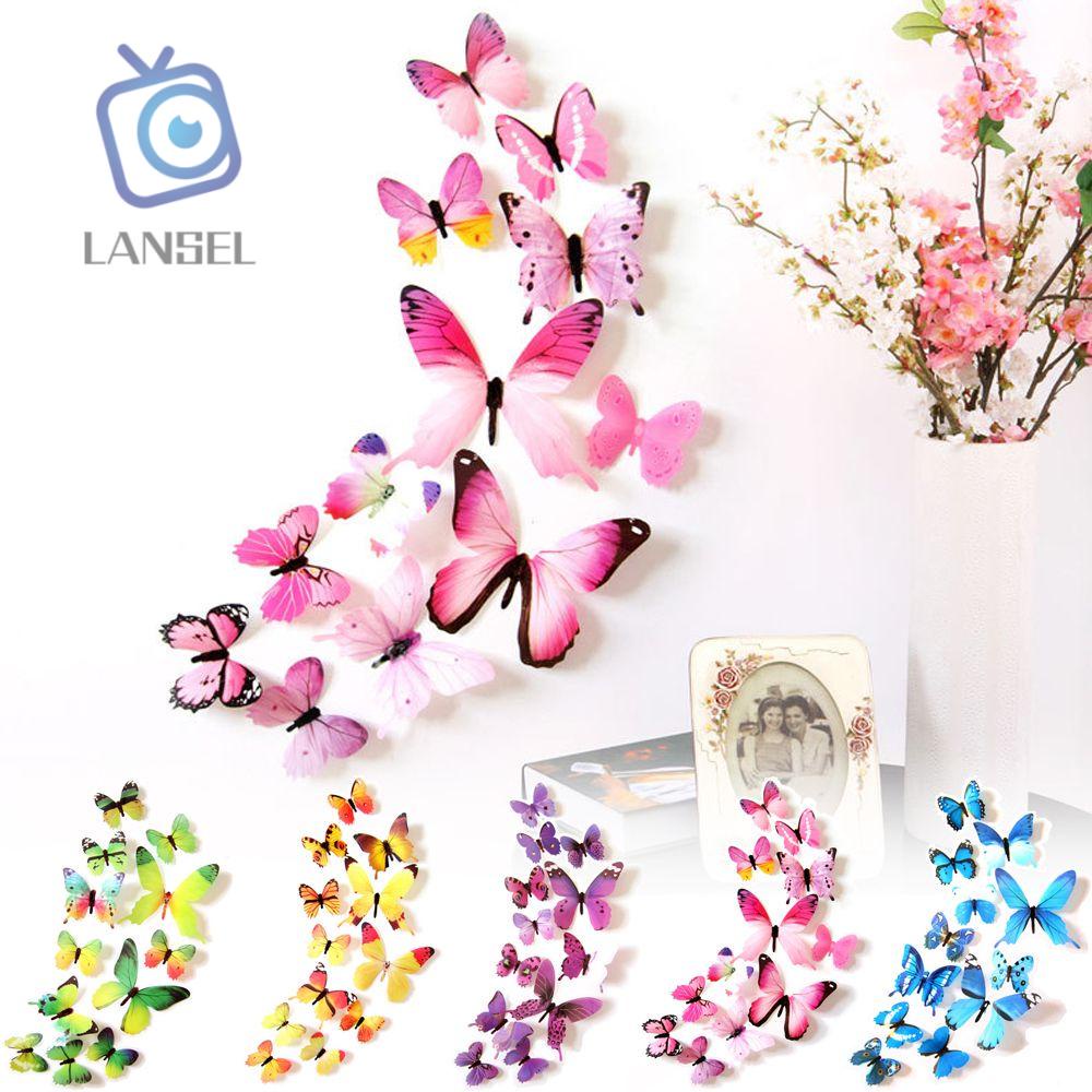 Set 12 sticker dán tường trang trí nhà cửa/ tiệc cưới hình bướm bằng nhựa PVC nhiều màu sắc 3d
