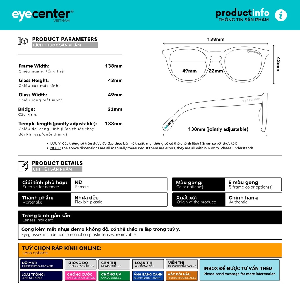 Gọng kính cận nữ K11 chính hãng EYECENTER nhựa dẻo siêu nhẹ nhập khẩu by Eye Center Vietnam