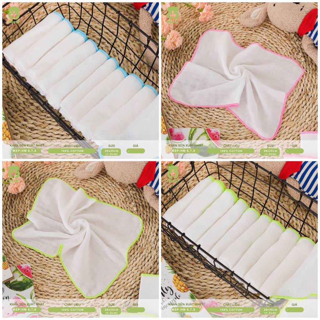 [CHÍNH HÃNG] Khăn sữa xuất Nhật cotton siêu mềm kích thước 28x35cm gói 10c Mipbi