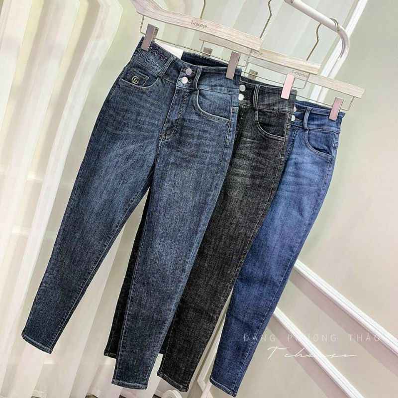 quần jean nữ lưng cao chất vãi co giãn cao cấp in dập nổi cạp 2 khuy dáng boy